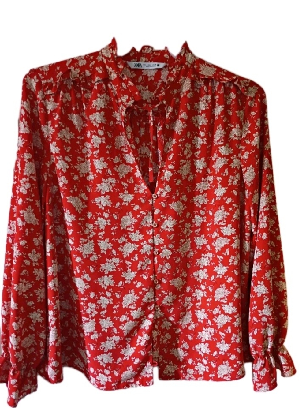 Zara Red Floral Tie-Neck Blouse with Cream Print